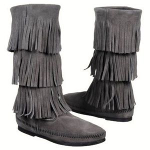 Minnetonka Grey 3-layer Fringe Boots